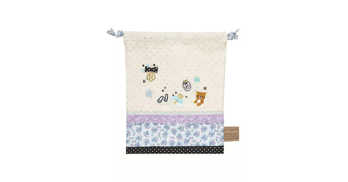 San-X 拉拉熊甜美刺繡系列束口袋。粉紫