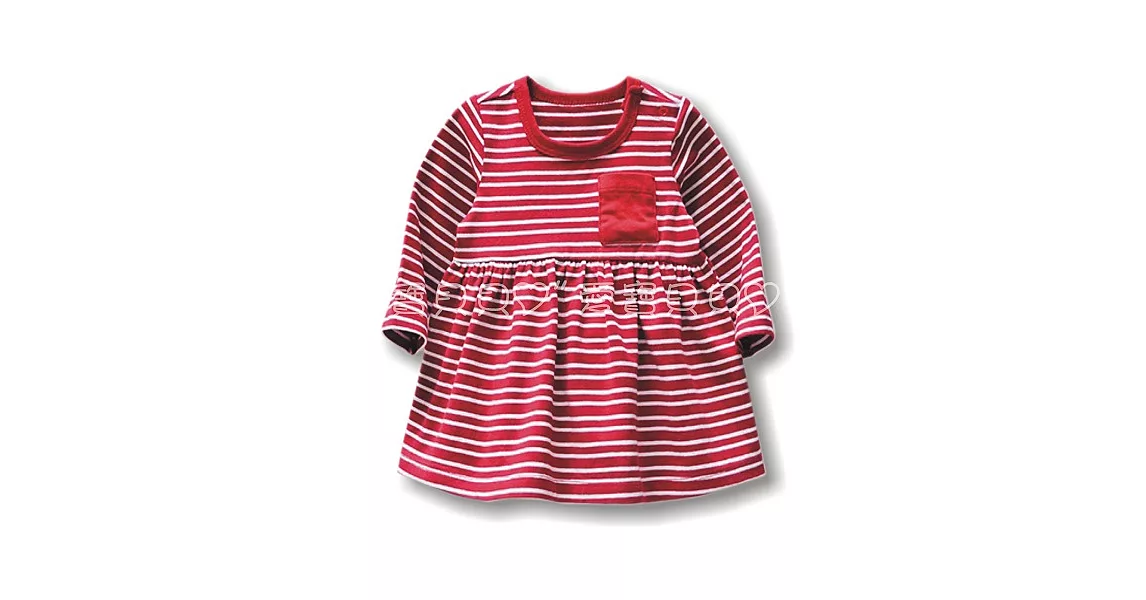 長袖小童小洋裝 肩釦 傘狀 A字裙 長版上衣 連身裙 娃娃裝(粉色小花/紅色條紋/紅色圖騰/藍色條紋)6M紅色條紋