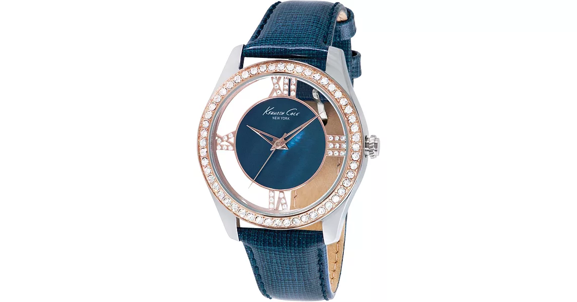 Kenneth Cole 境外天堂氣質皮帶錶-玫瑰金框藍