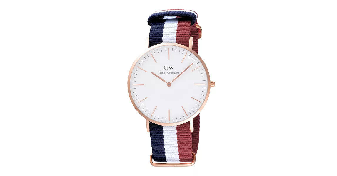 Daniel Wellington Cambridge時尚男錶-玫瑰金框/藍白紅寬帶0103DW