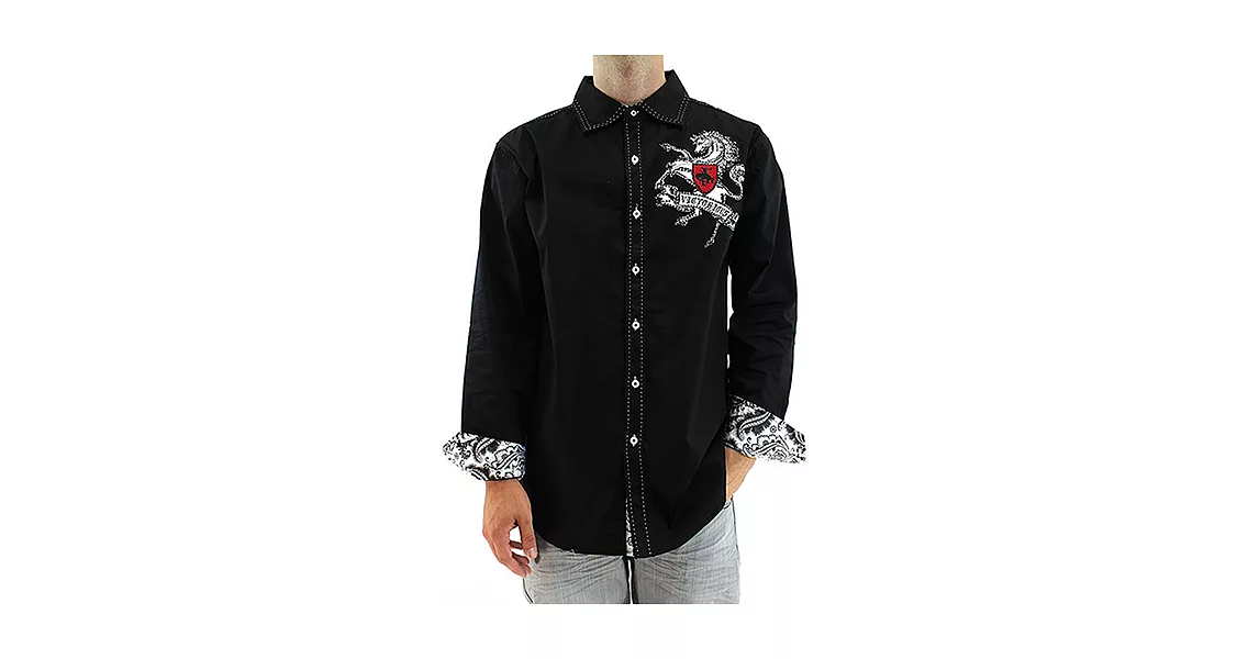 『摩達客』美國進口潮時尚設計【Victorious】駿馬圖騰刺繡黑色長袖襯衫S