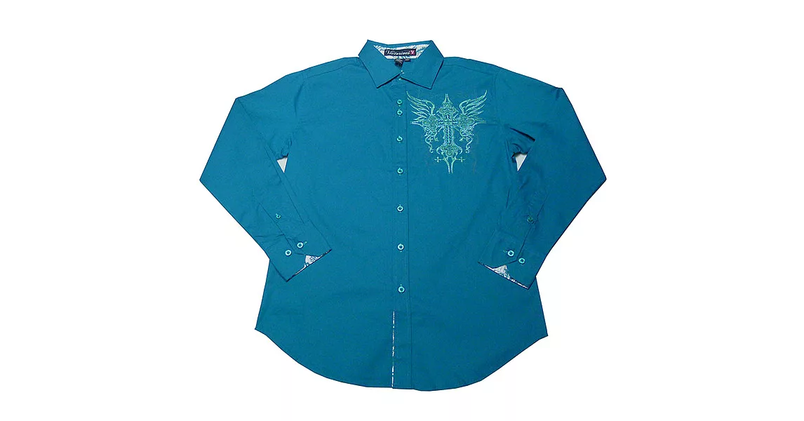 『摩達客』美國進口潮時尚設計【Victorious】翅膀十字圖騰刺繡藍綠色長袖襯衫A-S