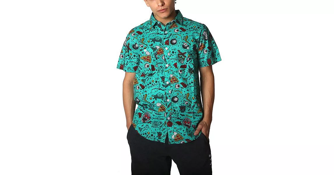 『摩達客』美國浪漫搖滾【Iron Fist鐵拳】 塗鴉花湖水綠系短袖襯衫A-S