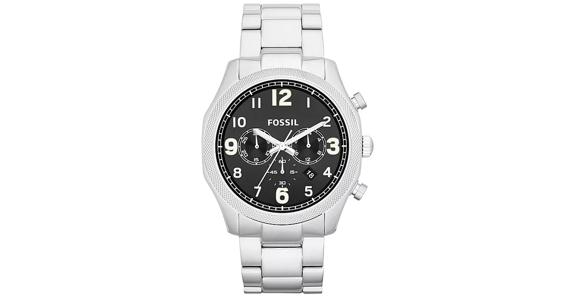 FOSSIL 鋼鐵力士三眼計時碼錶-銀帶黑