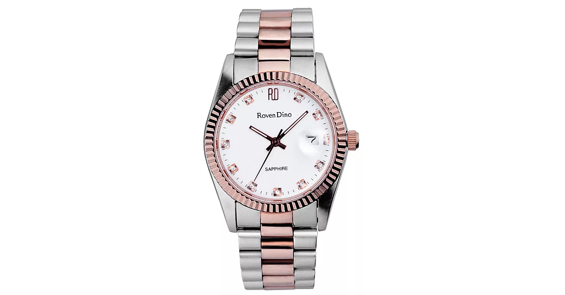 Roven Dino羅梵迪諾  尊貴階級時尚晶鑽腕錶-白X銀+玫瑰金