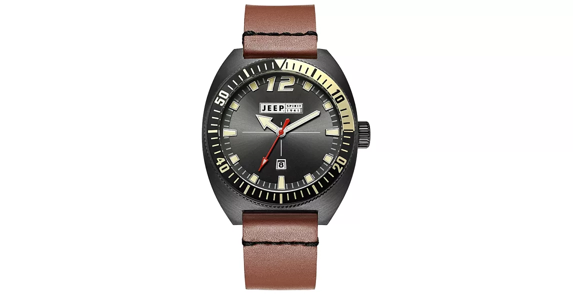 【Jeep Spirit】美式復古系列時尚休閒時裝真皮腕錶 (黑面/棕色帶 JPS50203)