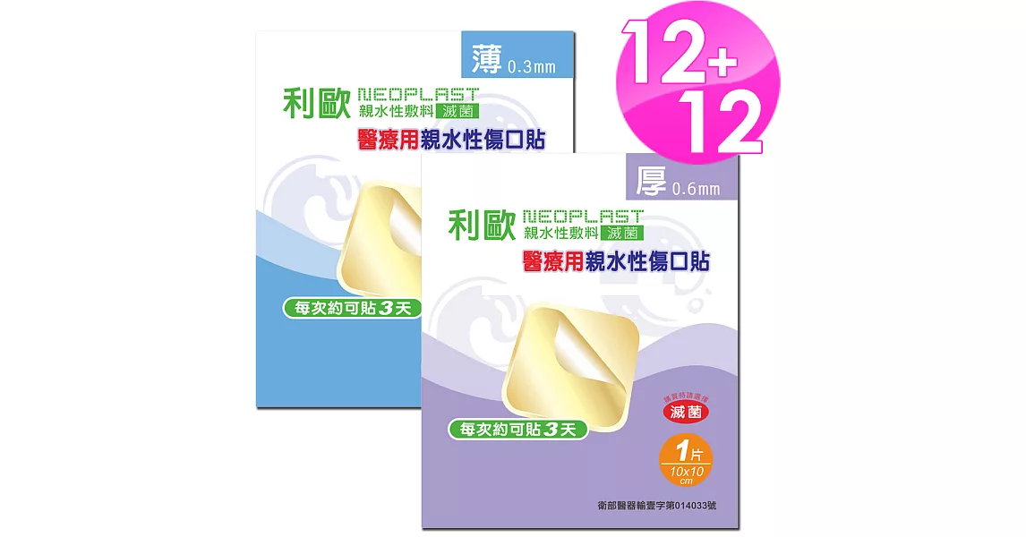 【貝斯康】醫療用敷料親水性傷口貼標準型(滅菌)薄型12片+厚型12片