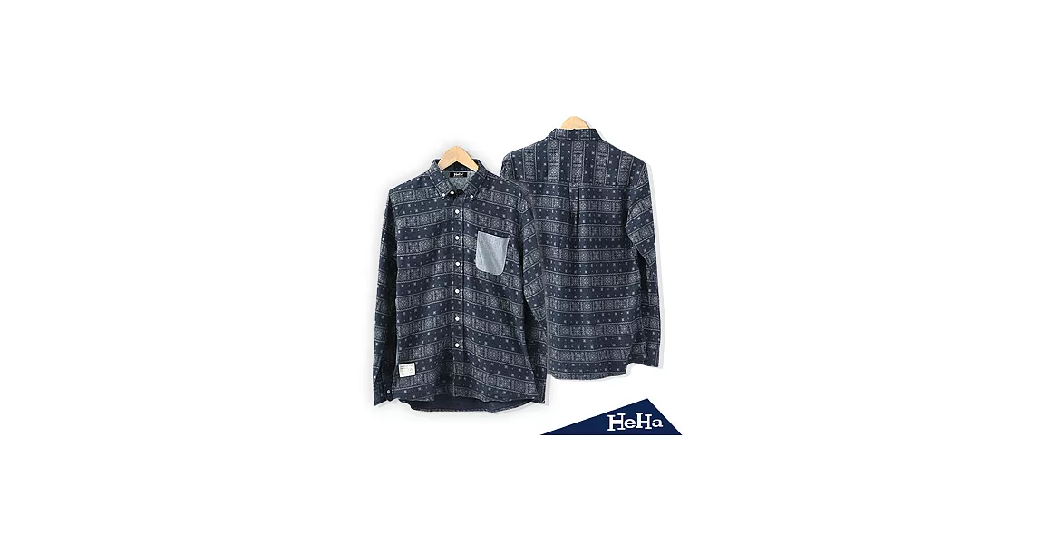 襯衫純棉民族風印花拼色口袋長袖襯衫-HeHa-S*