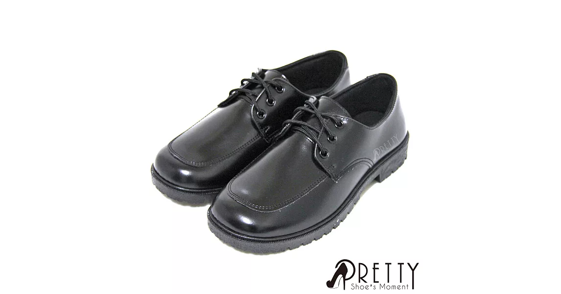 【Pretty】學院風六孔綁帶式圓頭低跟標準學生鞋皮鞋(女款)23黑色