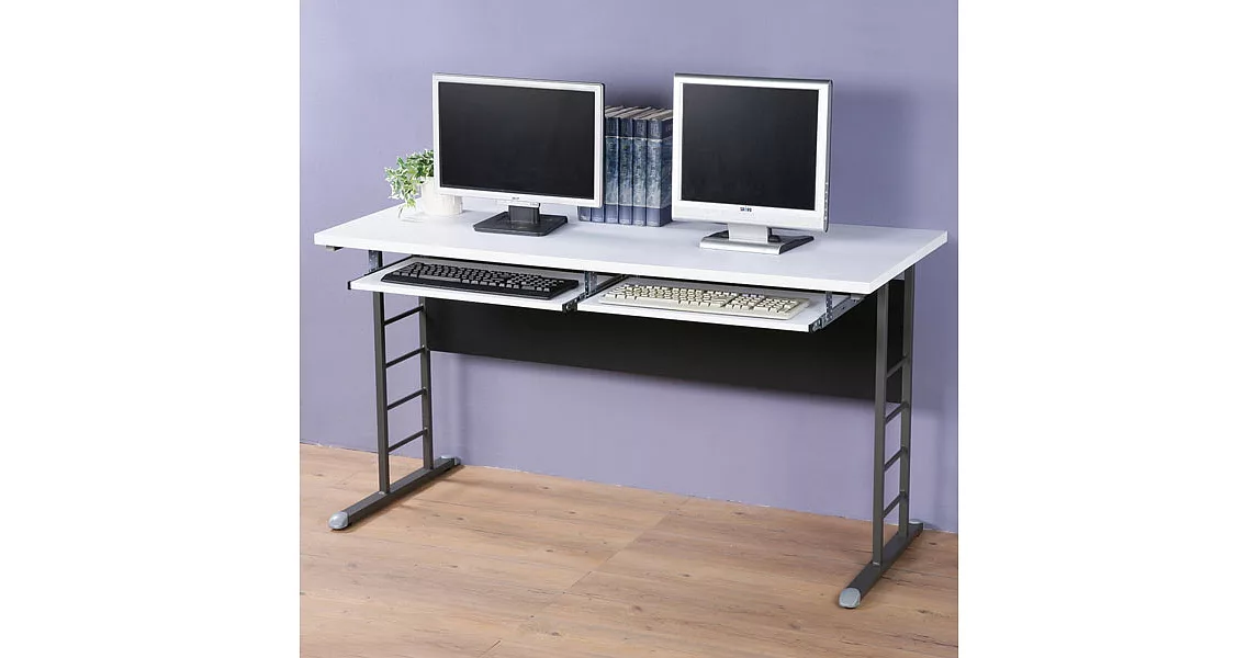 《Homelike》馬克140cm辦公桌-加厚桌面(附二鍵盤架)(兩色可選)胡桃桌面亮白桌腳