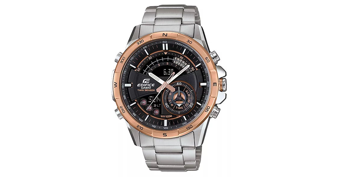 CASIO EDIFICE 強大革新雙顯都會腕錶-玫瑰金框黑x銀