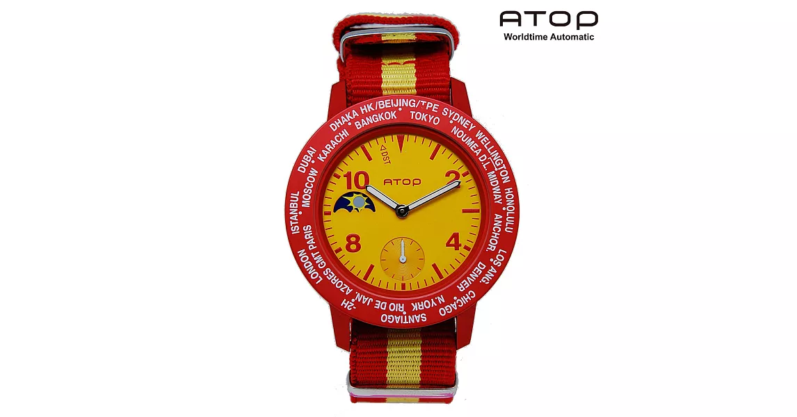 ATOP｜世界時區腕錶－24時區潮流系列帆布款 - (紅黃/條紋黑)