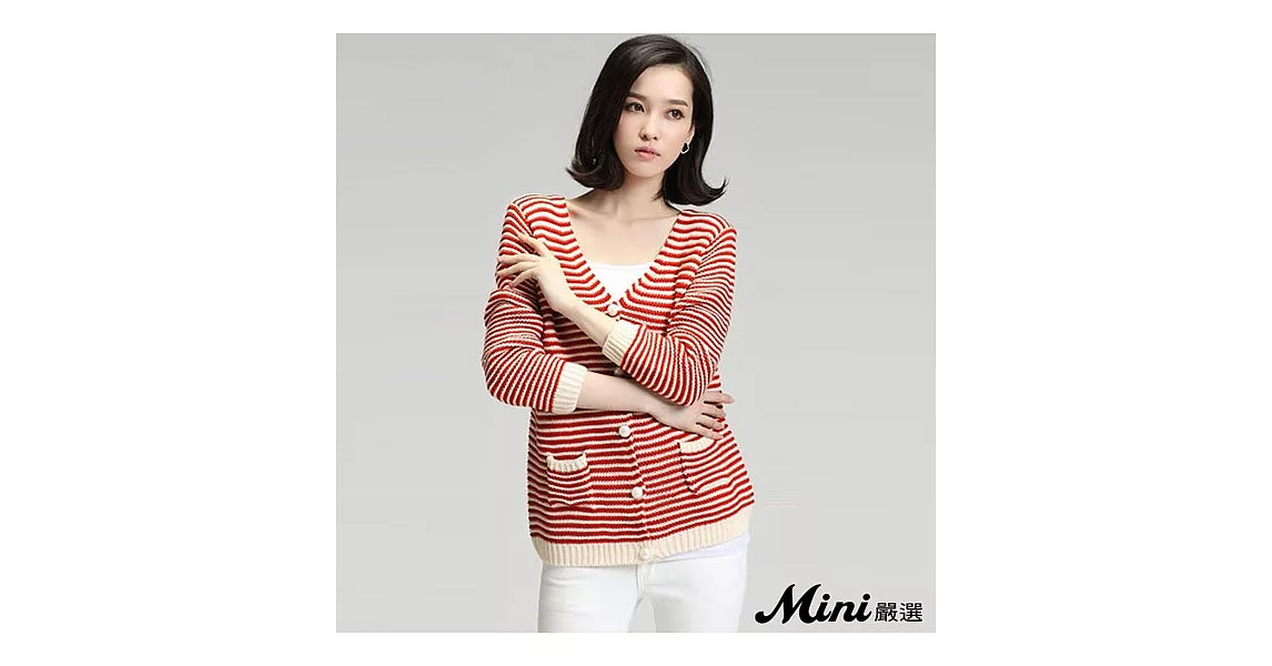 針織條紋寬鬆V領毛衣針織外套三色-Mini嚴選-S（紅色）