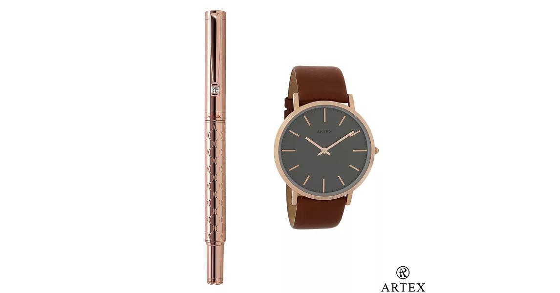 ARTEX 鍾愛鋼珠筆+手錶 雙組合/褐波紋/玫瑰金