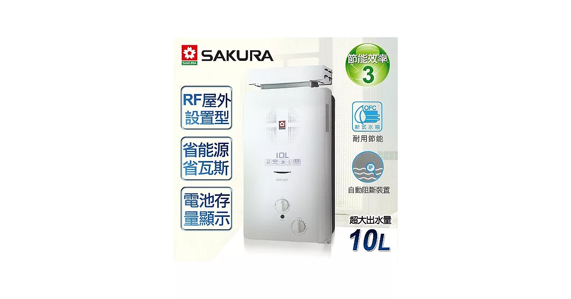 【櫻花牌】10L屋外抗風型ABS防空燒熱水器／GH-1021(天然瓦斯)