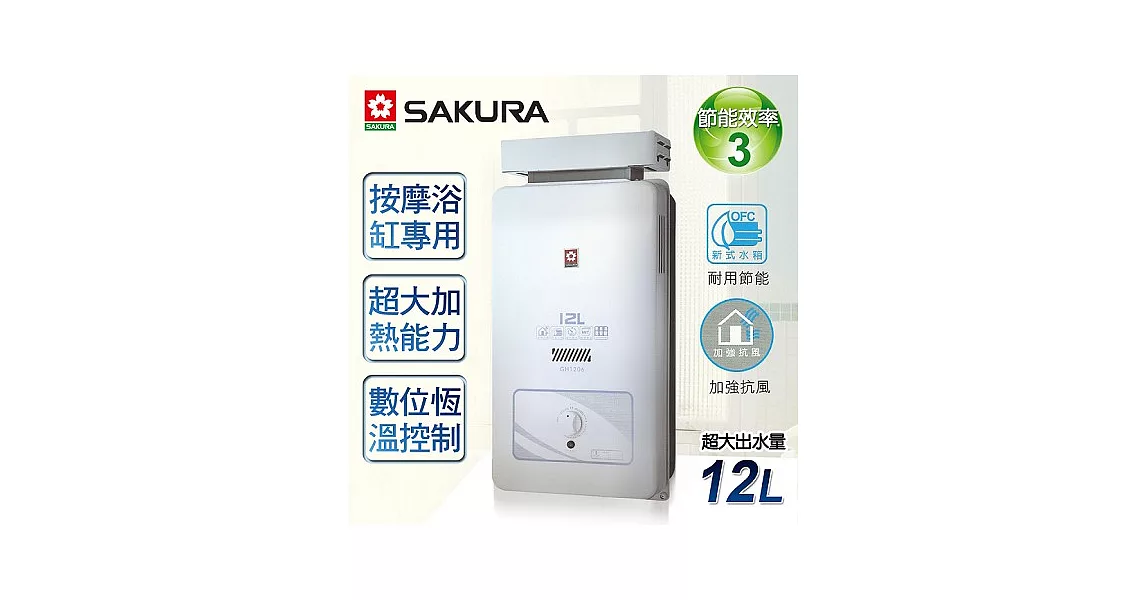 【櫻花牌】12L屋外抗風型熱水器／GH-1206(桶裝瓦斯)