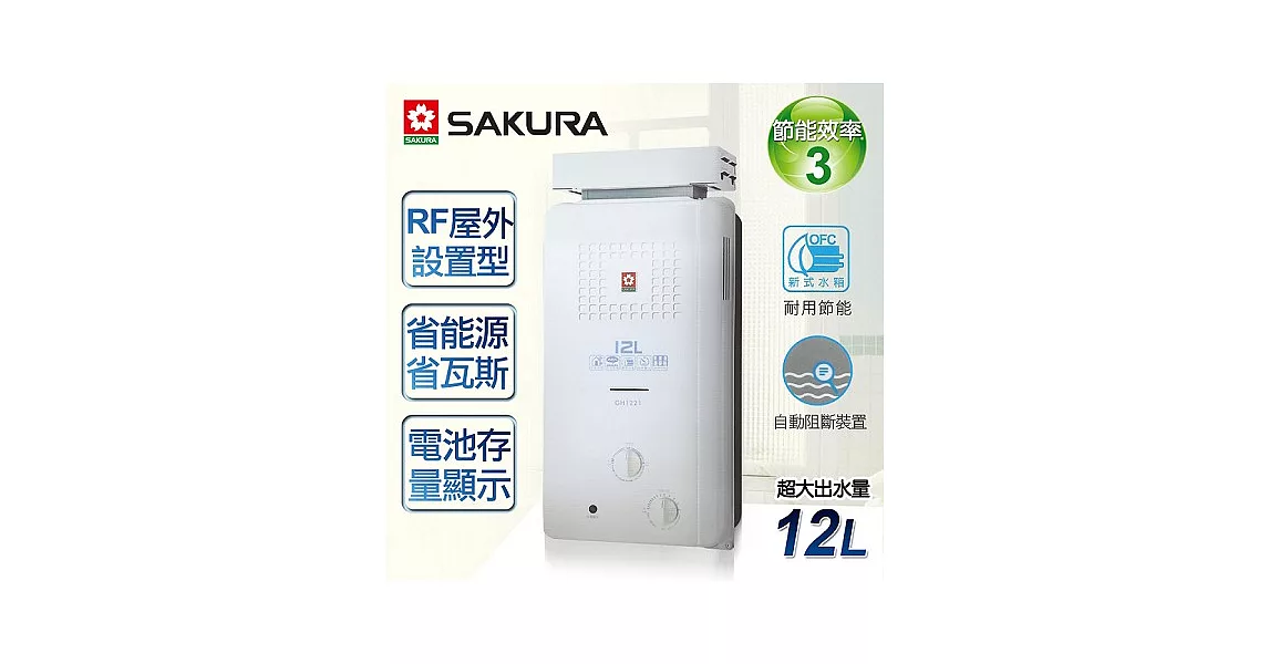 【櫻花牌】12L屋外抗風型ABS防空燒熱水器／GH-1221(桶裝瓦斯)