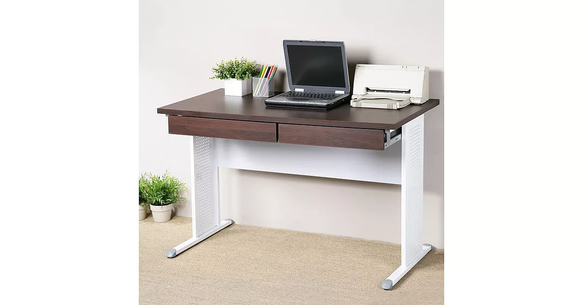 《Homelike》路易120cm辦公桌-加厚桌面(附二抽屜) (兩色可選)純白桌面亮白桌腳