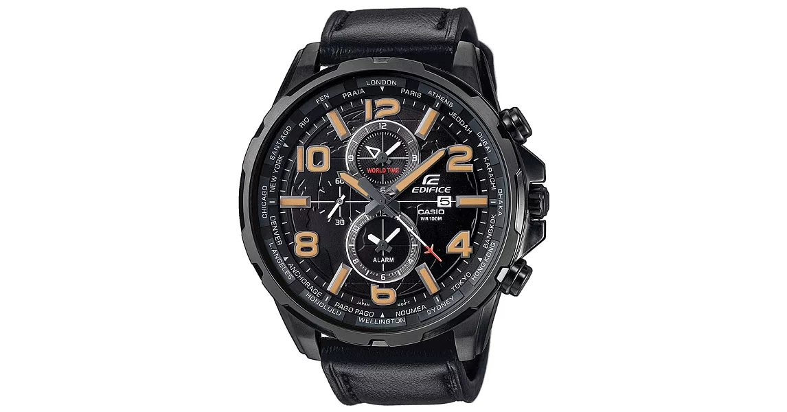 CASIO EDIFICE 環繞列國雙眼賽車錶-棕字黑x皮帶