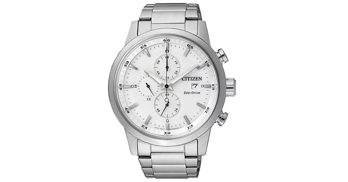 CITIZEN Eco-Drive   浪人足跡三眼腕錶-銀X白