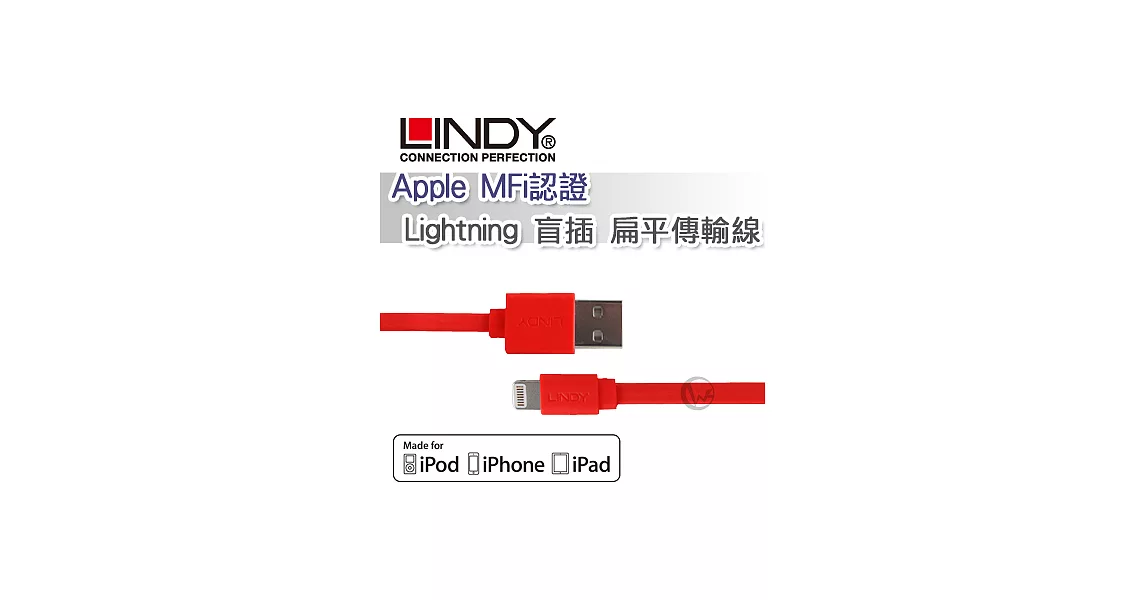 LINDY 林帝 Apple MFi認證 Lightning 盲插 扁平傳輸線 橘色 (31394)橘色