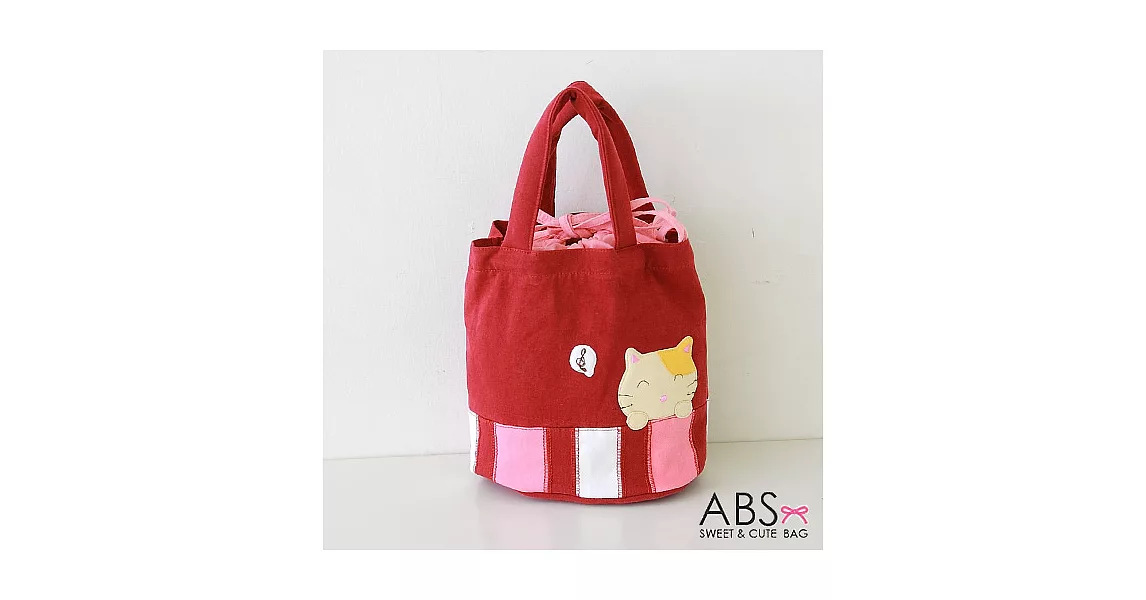 ABS貝斯貓 -可愛樂音貓咪拼布 束口圓筒小提袋 (活力紅) 88-155