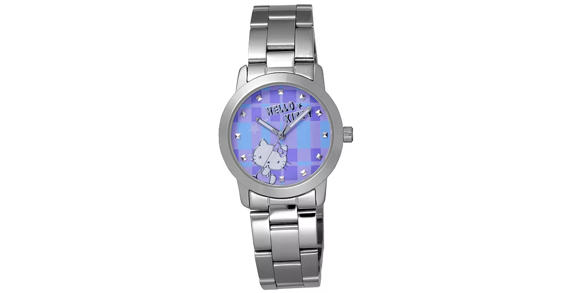 Hello Kitty 童趣格子造型腕錶-紫X銀