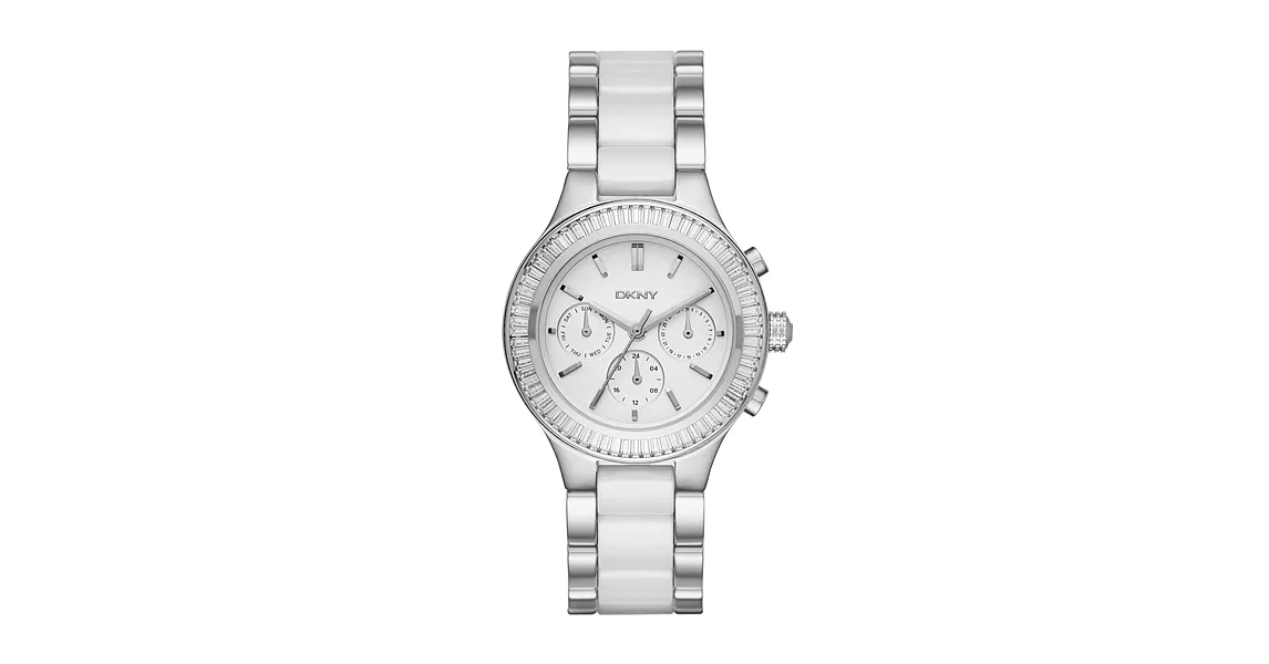 DKNY 精緻雅典娜三眼時尚腕錶-銀x雙材質錶帶