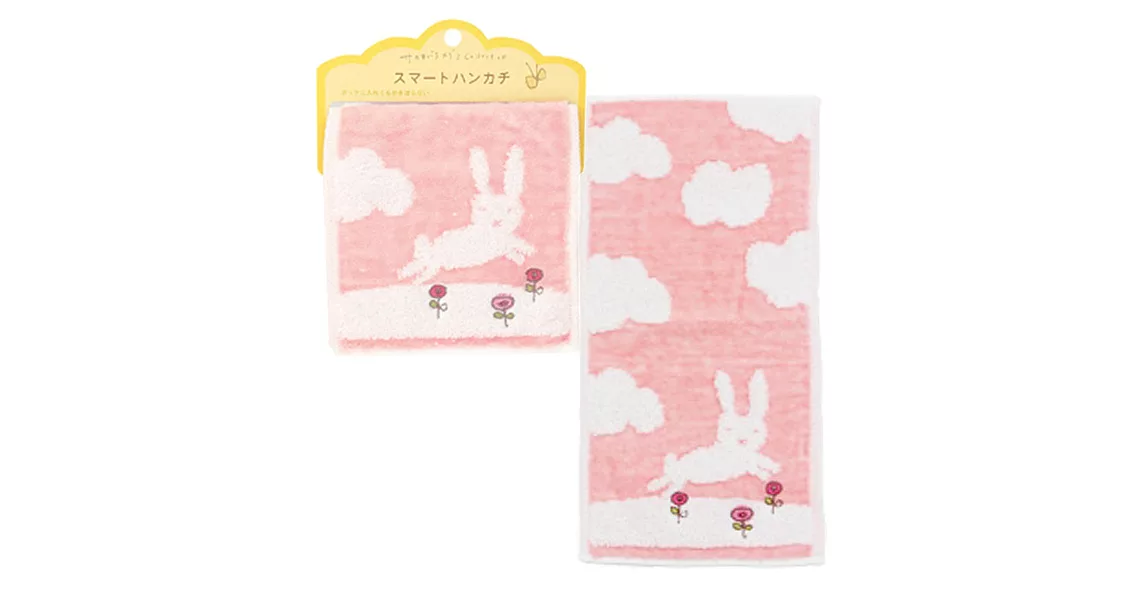 日本製Jogan，繪本風純棉手帕，粉小兔