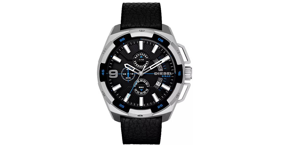 DIESEL 數度空間三眼計時時尚男錶-藍黑x黑錶帶