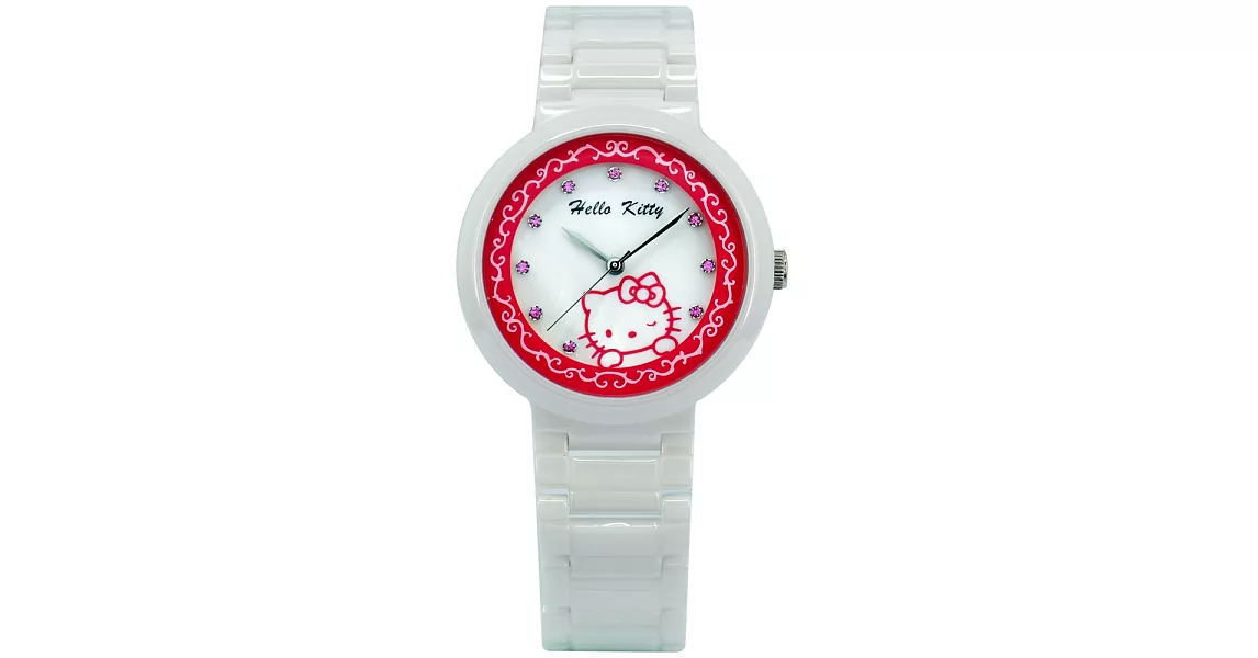 【HELLO KITTY】凱蒂貓高精密陶瓷晶鑽腕錶 (白紅/粉鑽 LK616LWPS-R)