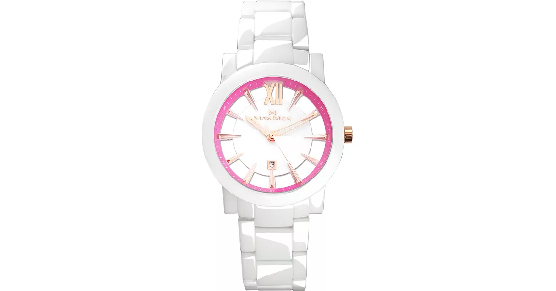 Max Max 初夏微醺時尚陶瓷腕錶-桃紅x白