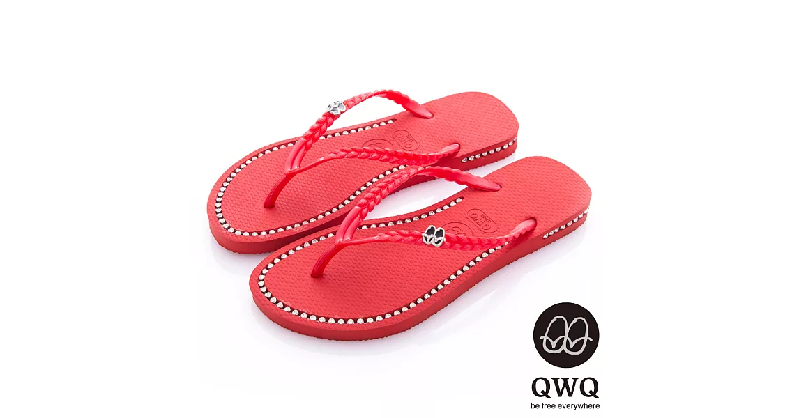 QWQ夾拖的創意(女) - 彩色素面  鞋面施華洛世奇鑽鍊夾腳拖鞋 - 搖滾紅35搖滾紅