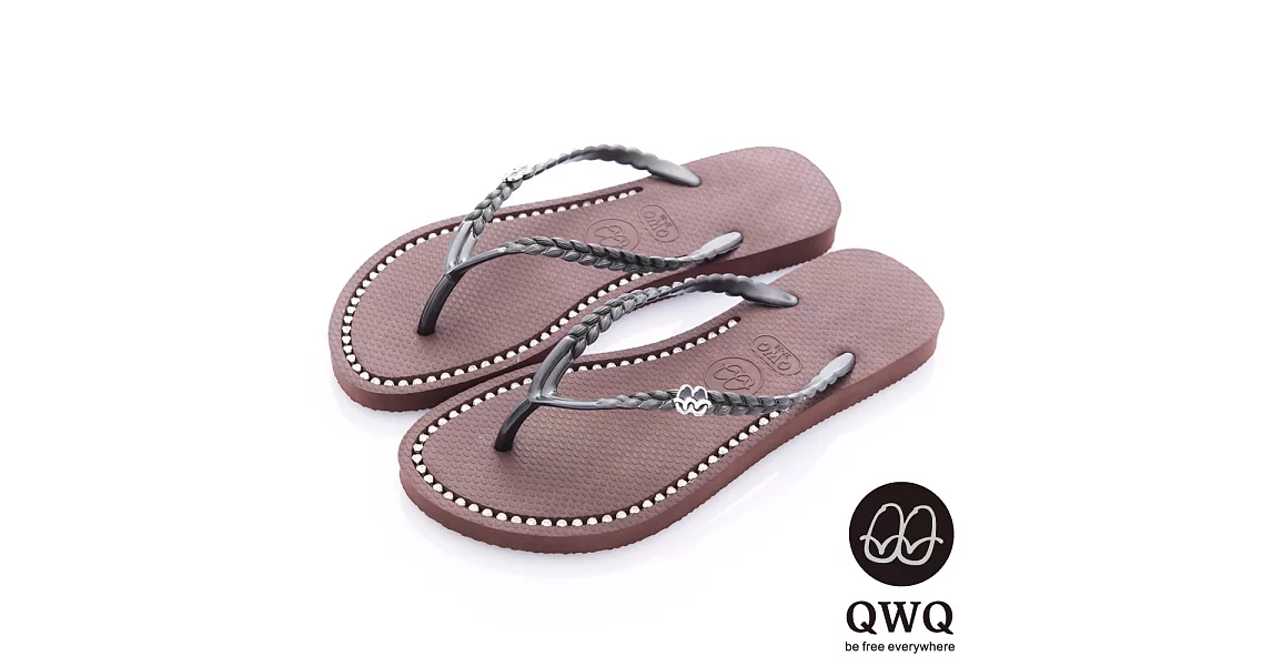 QWQ夾拖的創意(女) - 彩色素面  鞋面施華洛世奇鑽鍊夾腳拖鞋 - 咖啡色35咖啡色