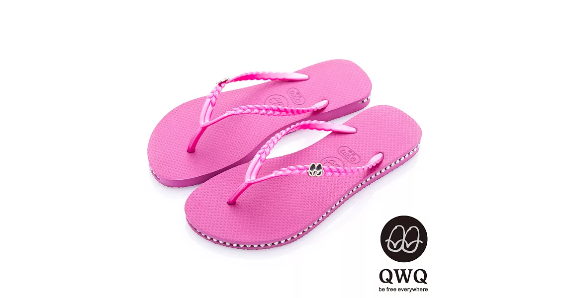 QWQ夾拖的創意(女) - 彩色素面  鞋側施華洛世奇鑽鍊夾腳拖鞋 - 俏麗粉35俏麗粉