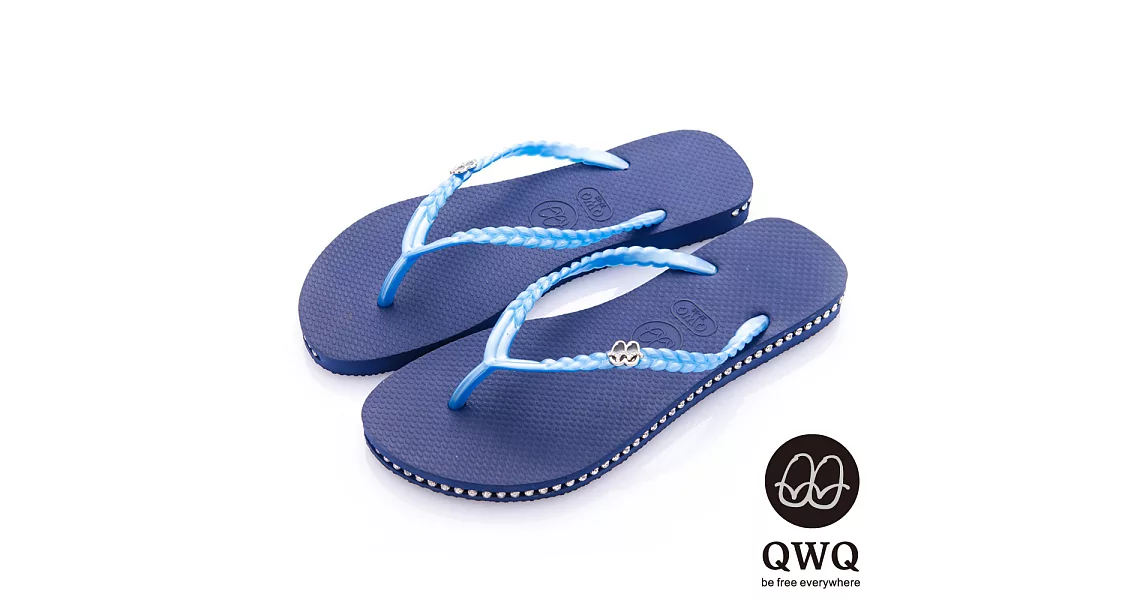 QWQ夾拖的創意(女) - 彩色素面  鞋側施華洛世奇鑽鍊夾腳拖鞋 - 寶石藍39寶石藍