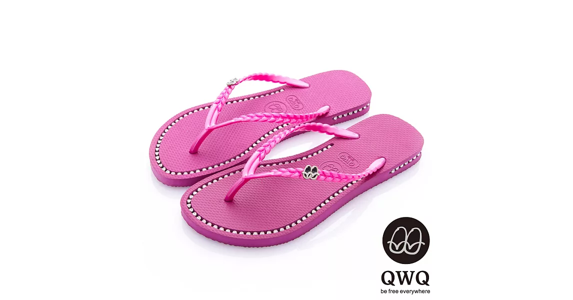 QWQ夾拖的創意(女) - 彩色素面  鞋面+鞋側 施華洛世奇鑽鍊夾腳拖鞋 - 俏麗粉39俏麗粉