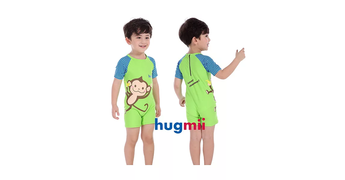 【hugmii】童趣造型連身斜紋袖兒童泳裝_猴子100 綠