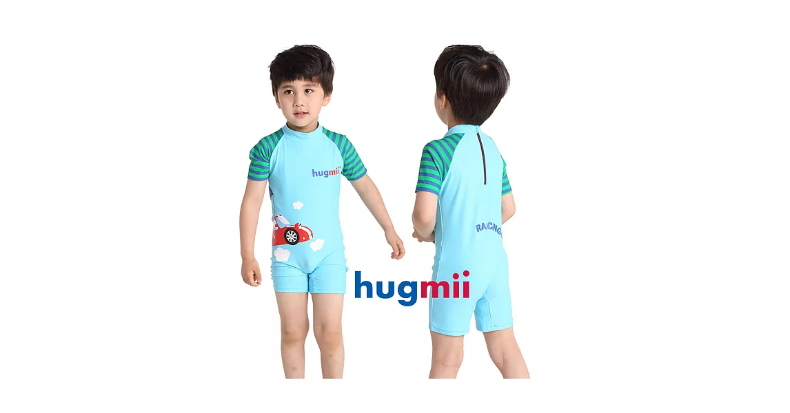 【hugmii】童趣造型連身斜紋袖兒童泳裝_賽車100藍