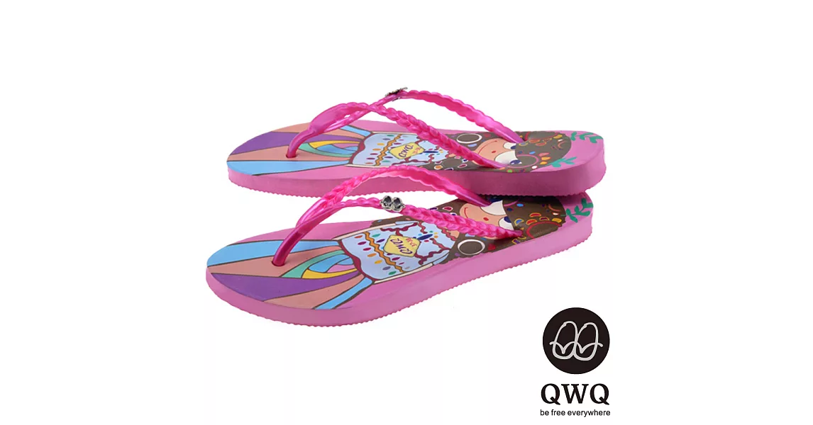 QWQ夾拖的創意(女) - 藝術塗鴨 樹芽女孩 夾腳拖鞋 - 粉帶35粉