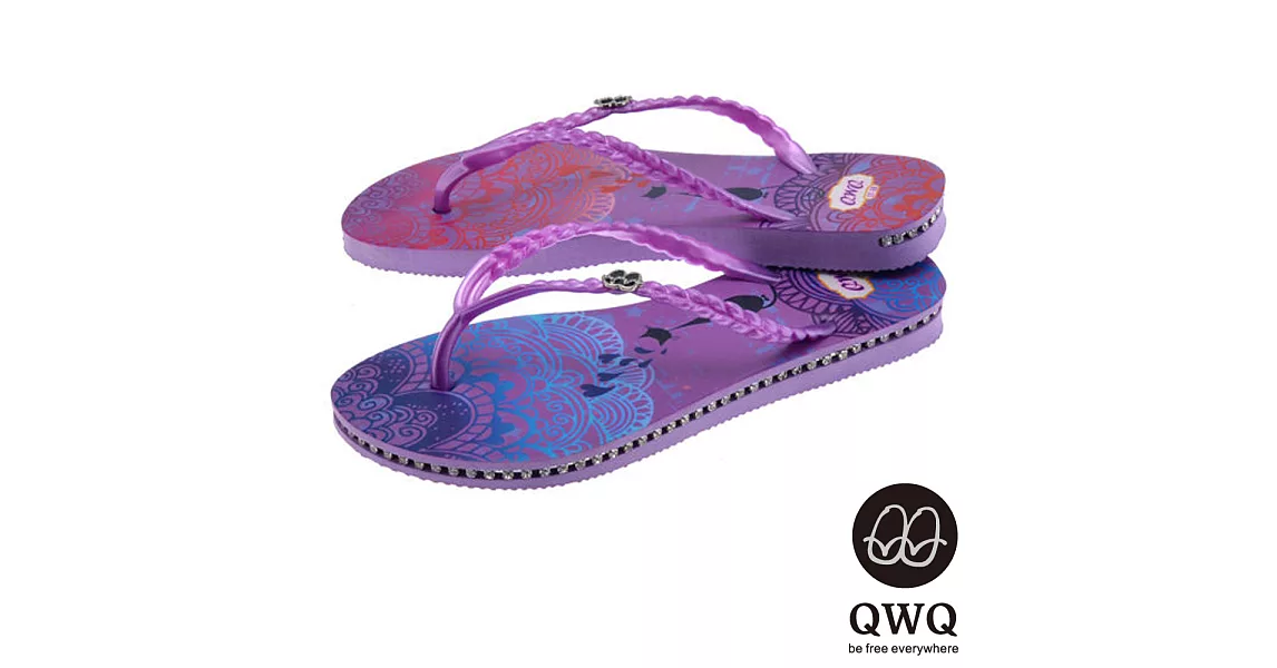 QWQ夾拖的創意(女) - 猫咪塗鴨 心心相印 側鑽鍊夾腳拖鞋 - 藍配紫35紫