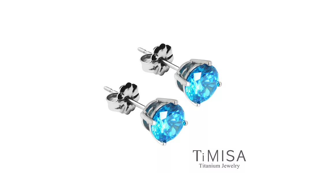 【TiMISA】奢華晶鑽(雙色) 純鈦耳環一對藍鑽