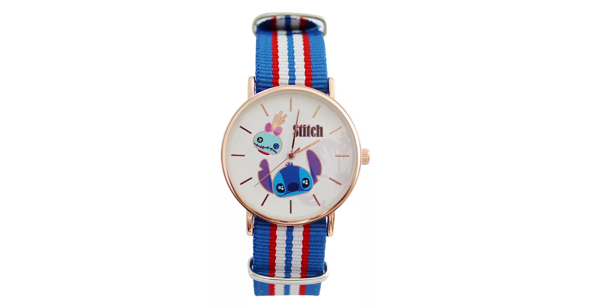 Disney 授權迪士尼系列 英倫風格多種顏色休閒帆布錶帶搭配玫金錶框-史迪奇