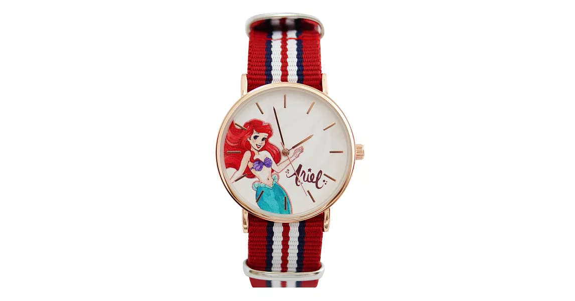 Disney 授權迪士尼系列 英倫風格多種顏色休閒帆布錶帶搭配玫金錶框-小美人魚