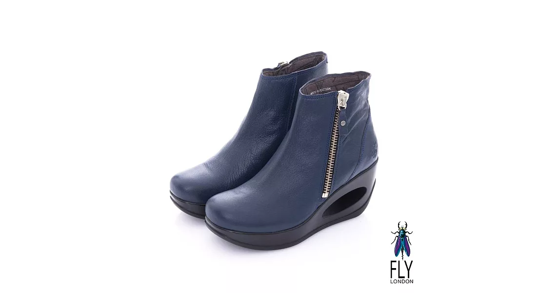 Fly London(女) 融化之冰 簍空鞋跟羊皮拉鍊短筒靴-深藍38藍