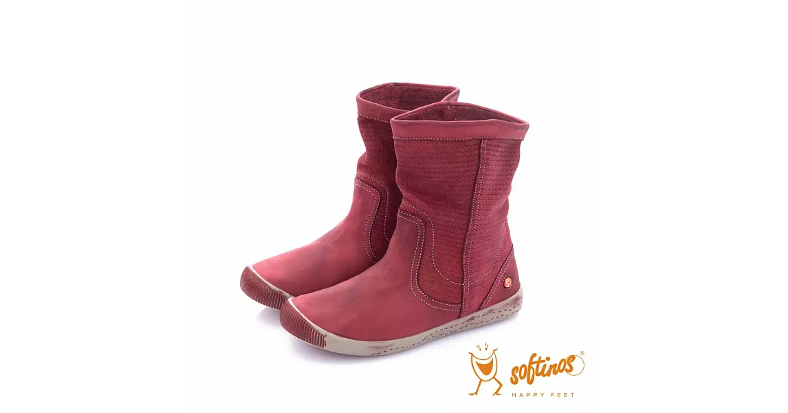 Softinos(女) - HAPPY FEET 十字壓紋超軟牛皮中筒短靴 - 温度紅37温度紅