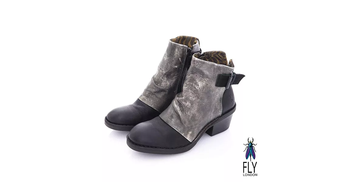 Fly London(女) 搖滾年代 仿舊刷皮側扣牛皮短靴- 滾石灰38銀色