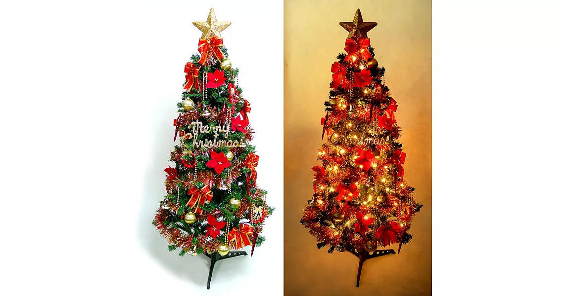 幸福5尺/5呎(150cm)一般型裝飾綠聖誕樹 (+紅金色系配件+100燈鎢絲樹燈2串)YS-GTC05101