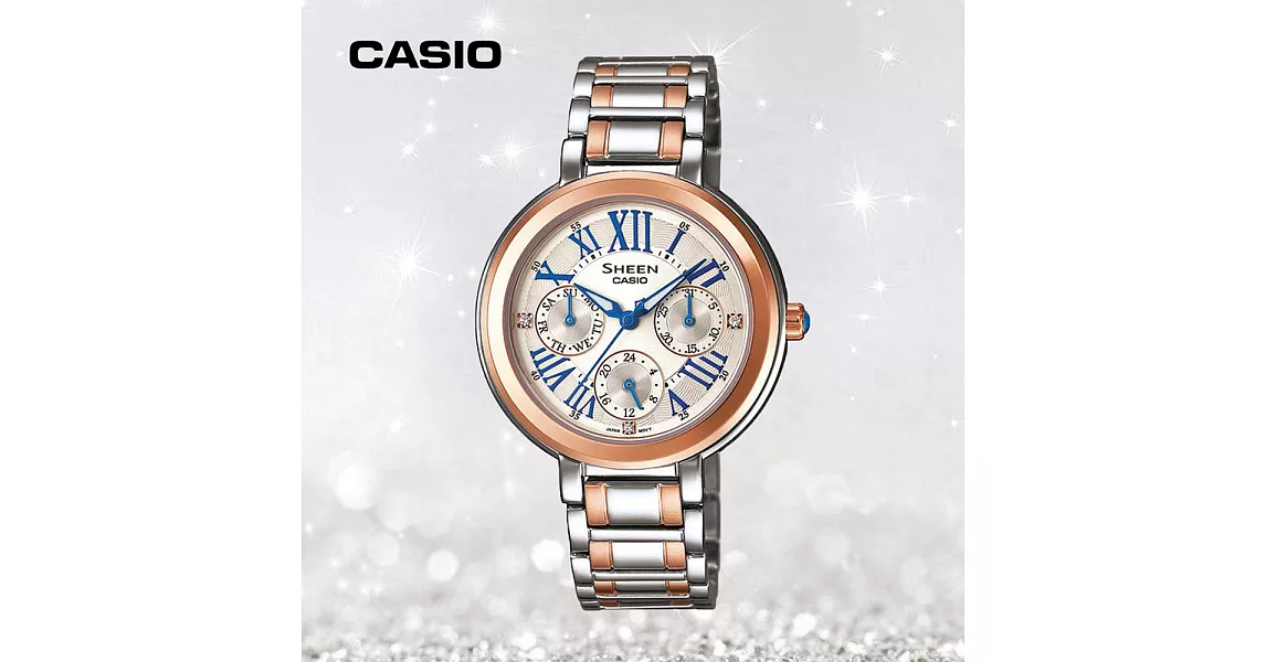 CASIO 卡西歐 SHE-3034SG 高貴優雅湛藍色指針玫金框三眼手錶 - 玫框藍字