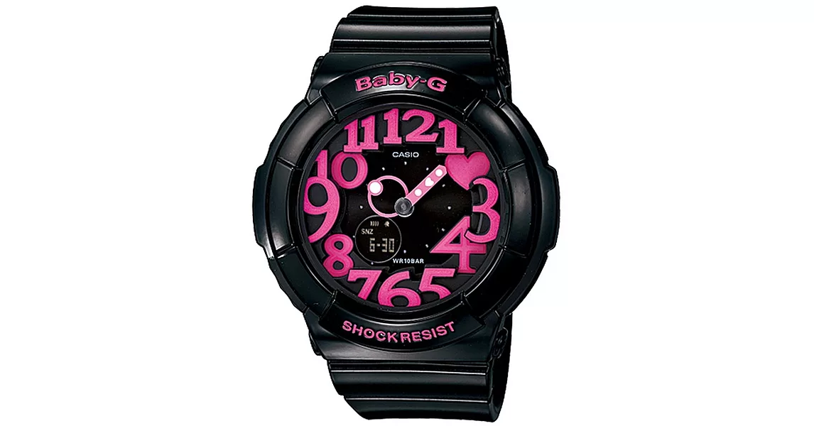 【CASIO】卡西歐 BABY-G系列 活潑霓虹愛心造型電子錶 (黑/桃紅 BGA-130-1B)